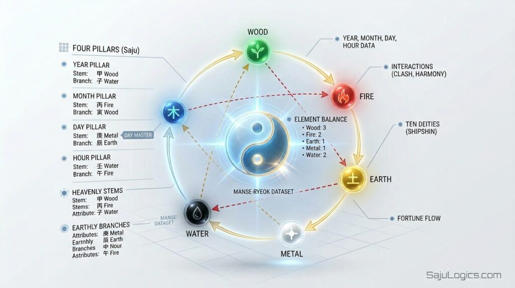 A data-driven diagram illustrating the Yin-Yang and Five Elements logic of Saju팔자 by SajuLogics.com