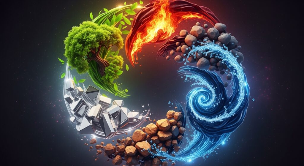 사주 명리학의 핵심 원리인 다섯 가지 원소(나무, 불, 흙, 금속, 물)가 조화롭게 순환하며 상생하는 에너지를 역동적인 아트워크로 표현한 이미지