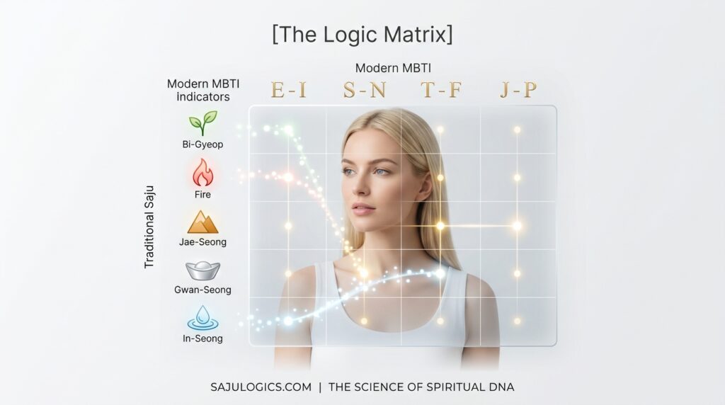 Saju-MBTI Logic Matrix by sajulogics.com | Mapping 10 Gods (Shi-Shin) to MBTI Personality Dimensions