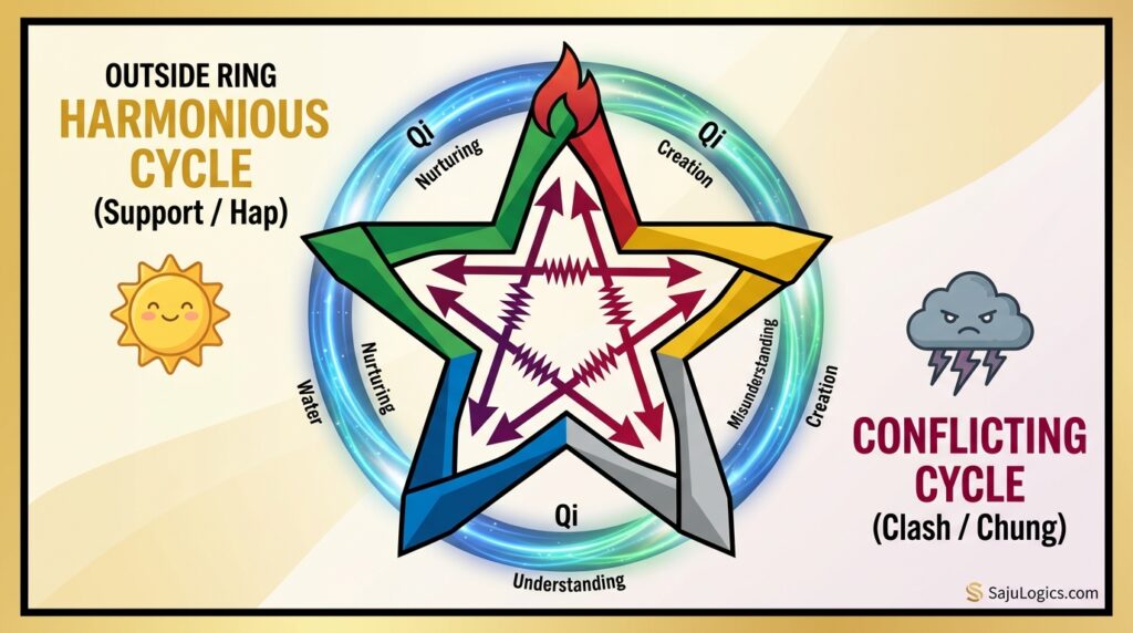 12. Love Match: The Cosmic Chemistry of Two Souls An academic-style infographic defining the harmonious (Hap) and conflicting (Chung) cycles of the five elements (Wu Xing) in Saju philosophy, presented on a light cream background - sajulogics.com
