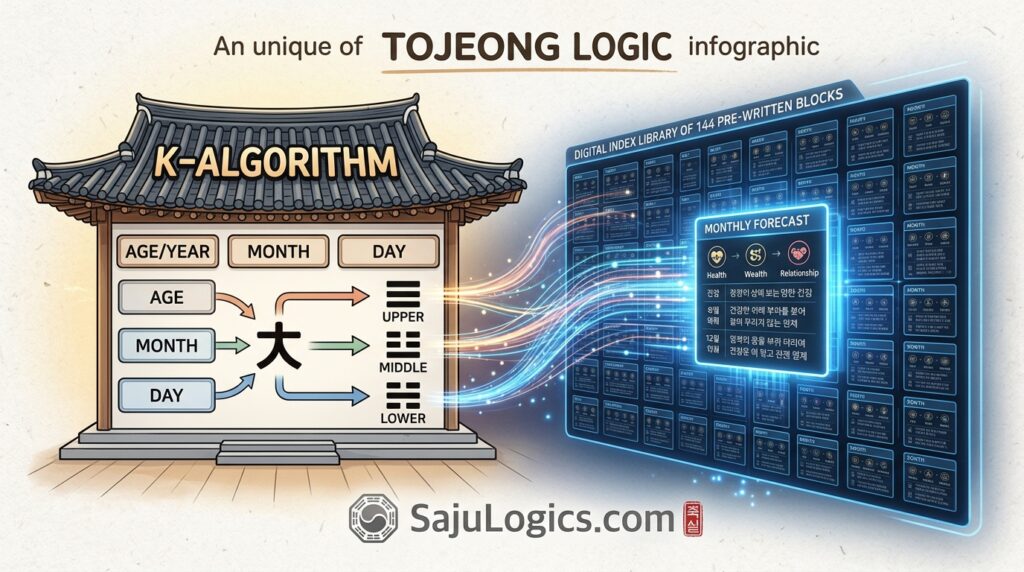 An infographic visualizing the unique K-algorithm and indexing logic of Tojeongbigyeol by SajuLogics.com
