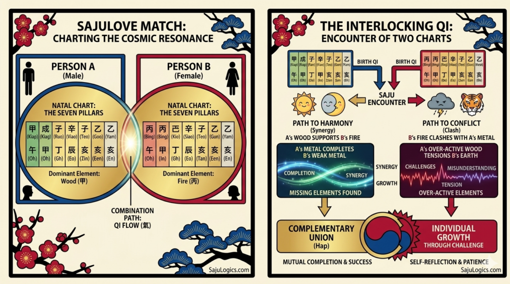 12. Love Match: The Cosmic Chemistry of Two Souls A detailed Saju flow chart, titled