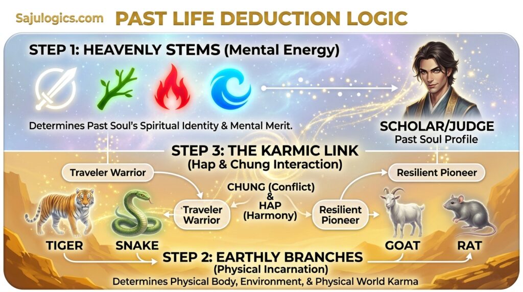 Infographic visualizing Saju Past Life Deduction Logic for Sajulogics.com. A bright cosmic flow chart detailing Step 1: Heavenly Stems (Mental Energy) and Step 2: Earthly Branches (Physical Incarnation) with element icons and Zodiac animals (Tiger, Snake, Goat, Rat), connected by Step 3: The Karmic Link (Hap & Chung). Professional Korean Astrology algorithm guide.