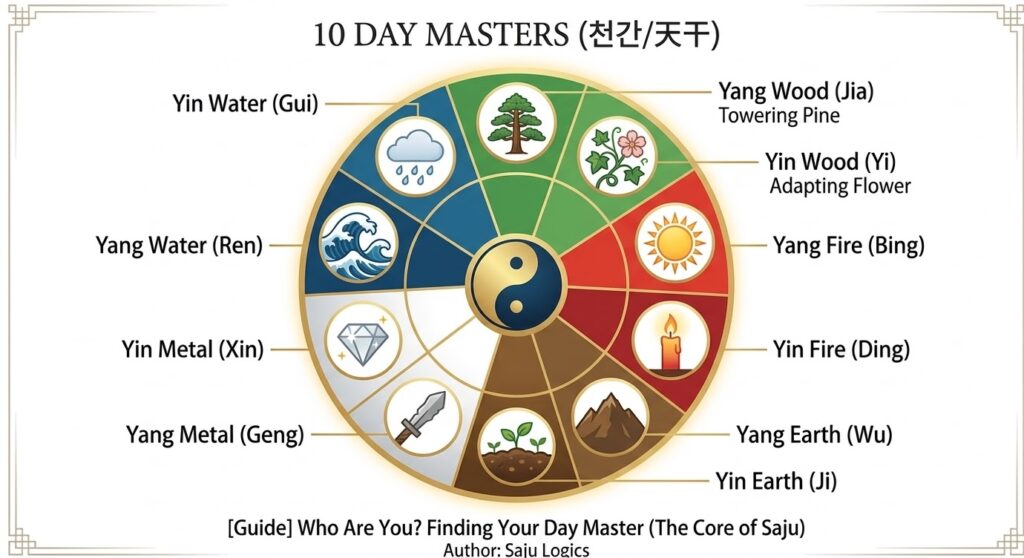 10가지 데이 마스터 유형(갑목부터 계수까지)을 시각적인 만다라로 정리하여, 독자가 자신의 유형이 어디에 속하는지
