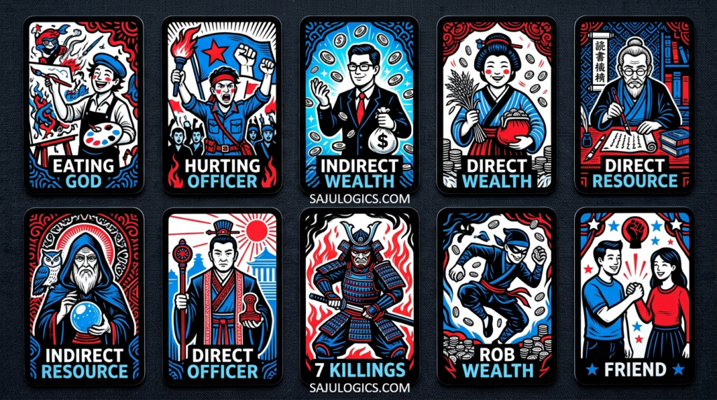 A grid of 10 Hanafuda-style cards illustrating Saju archetypes including Eating God, Hurting Officer, and Direct Wealth. SajuLogics.com