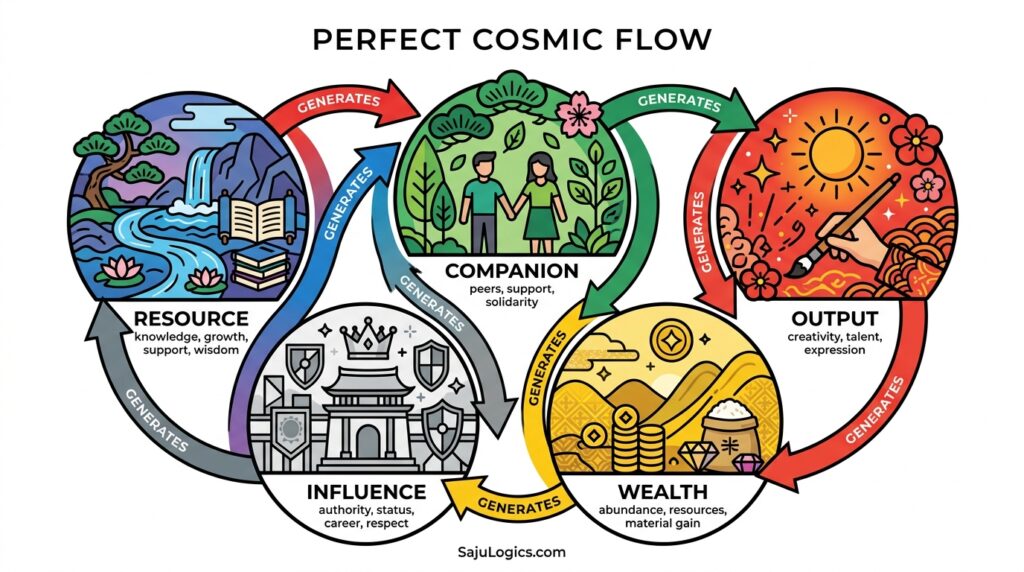 06. The Flow of Life: Finding Balance in Your Cosmic Map Circular infographic of the 5 elements and 10 Gods illustrating a seamless and continuous generating flow in a Saju chart - sajulogics.com