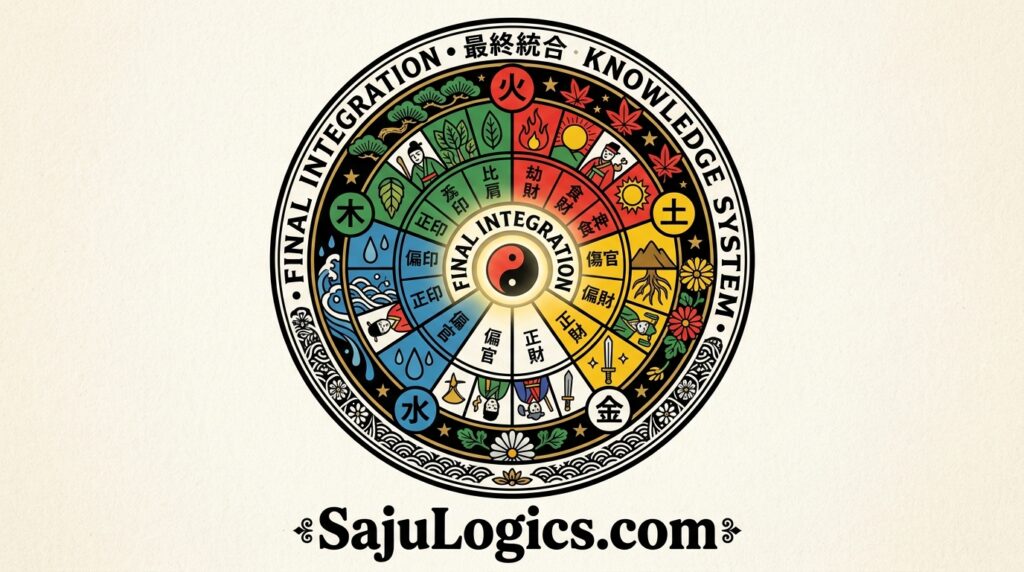 A harmonious circular emblem representing the integration of all Saju elements and roles in perfect balance - sajulogics.com