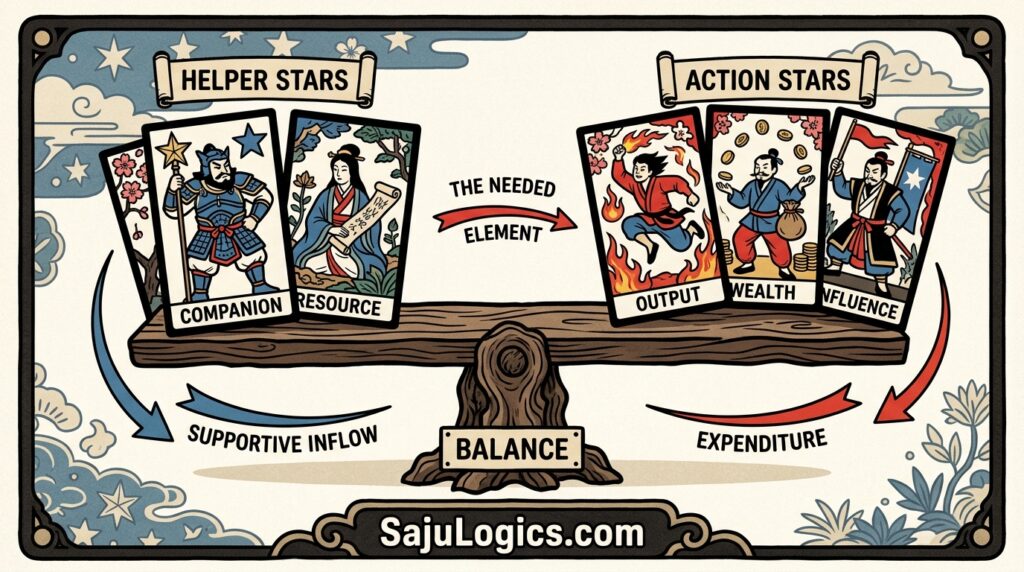 06. The Flow of Life: Finding Balance in Your Cosmic Map A cosmic seesaw in Hanafuda style balancing strong and weak Saju charts through the interaction of 10 Gods archetypes - sajulogics.com