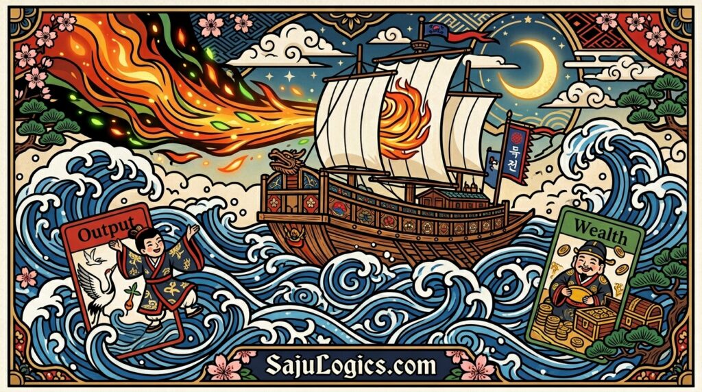 An illustration of a character shifting from a desert stage to an ocean stage, representing the environmental change of Dae-Un cycles - sajulogics.com