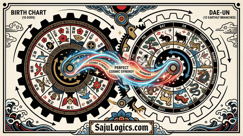 Conceptual art of interlocking gears representing the perfect synergy between a Saju birth chart and the 10-year luck cycle flow - sajulogics.com