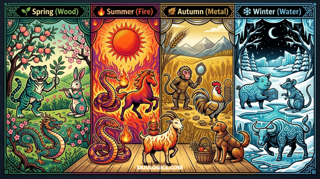 Panoramic illustration of 12 Zodiac animals on a four-season stage representing Saju environmental energy. SajuLogics.com