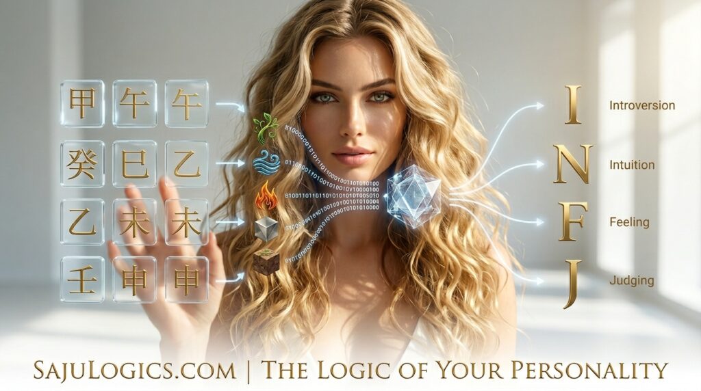 I Saju-MBTI Algorithm on sajulogics.com | Deriving INFJ from 8 Saju Characters (甲午, 癸巳, 乙未, 壬申)