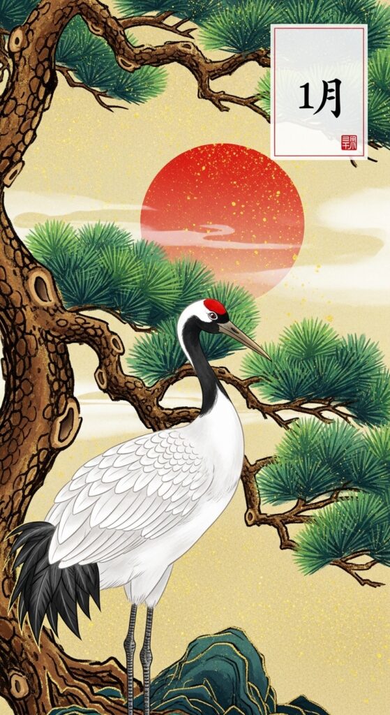 January Hwatu card representing the New Year with a Red-crowned Crane and Pine trees, symbolizing longevity. sajulogics.com