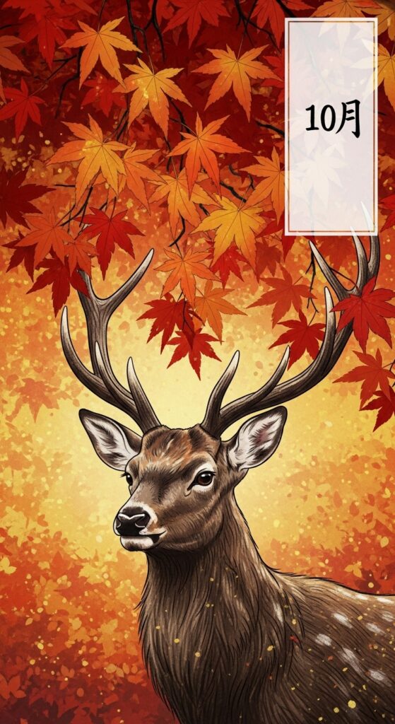 October Hwatu card showcasing red Maple leaves and a Deer, symbolizing the peak of autumn colors. sajulogics.com