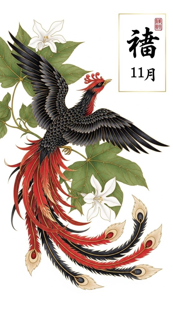 November Hwatu card featuring Paulownia leaves and a Phoenix (Bong-hwang), representing nobility and authority. sajulogics.com