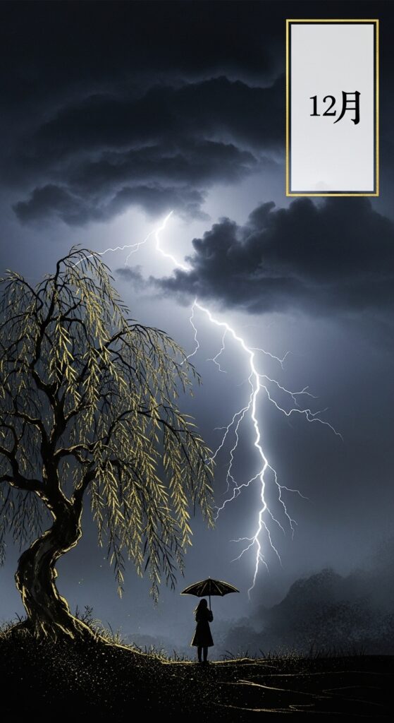 December Hwatu card featuring a Willow tree, a man with an umbrella (Scholar), and a swallow, symbolizing unpredictable fate. sajulogics.com