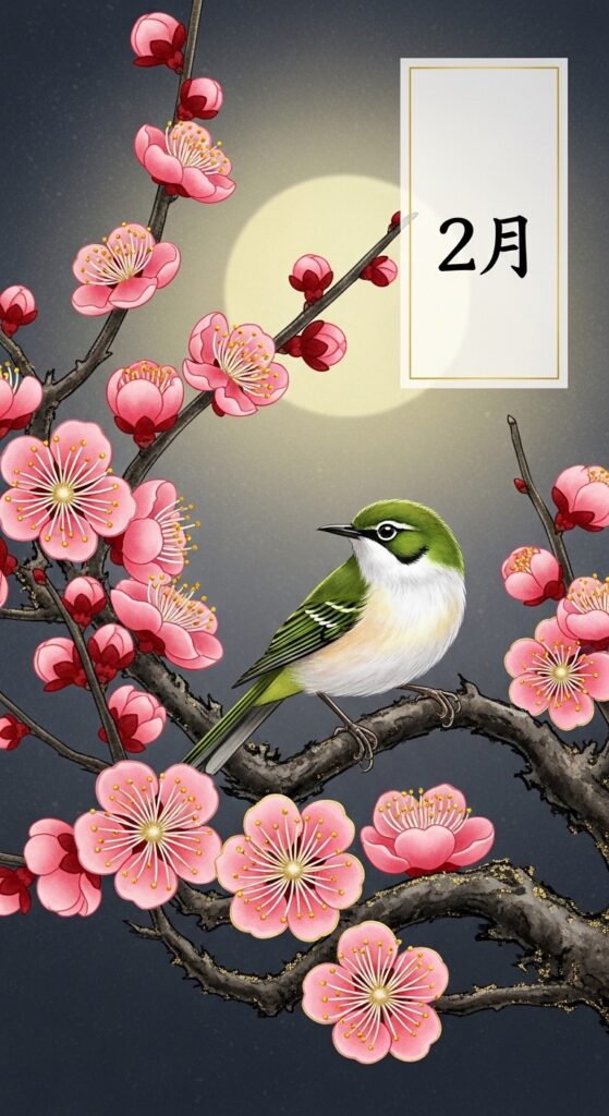 February Hwatu card featuring pink Plum Blossoms and a Warbler bird, signaling the early arrival of spring. sajulogics.com