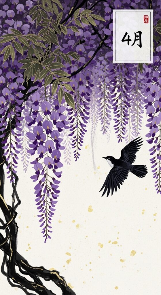 April Hwatu card featuring flowing purple Wisteria flowers and a Cuckoo bird, symbolizing the deep spring. sajulogics.com