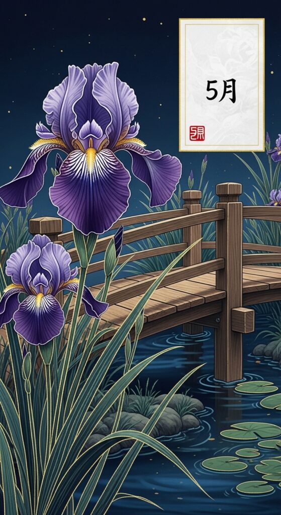 May Hwatu card with Iris flowers by a wooden bridge, representing the beauty of early summer. sajulogics.com