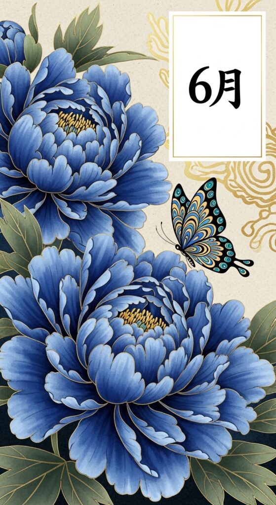 June Hwatu card featuring a majestic Peony flower and butterflies, symbolizing wealth and honor. sajulogics.com