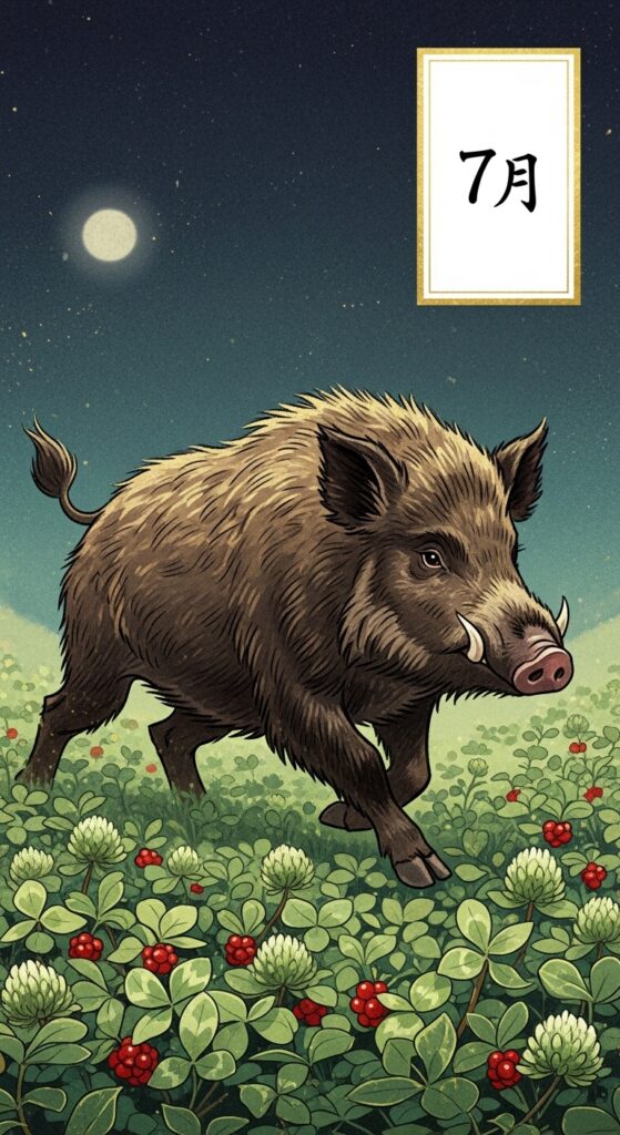 July Hwatu card featuring red Bush Clover and a Boar, representing the vitality of midsummer. sajulogics.com