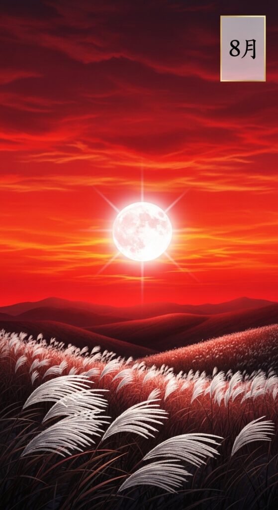 August Hwatu card with a full harvest moon over a hill and flying geese, symbolizing abundance and autumn. sajulogics.com