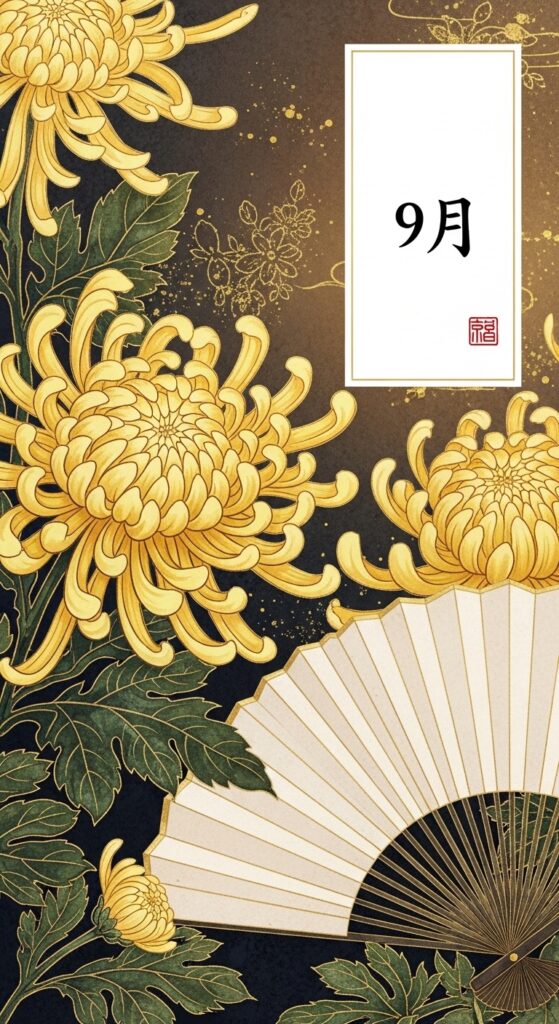 September Hwatu card featuring Chrysanthemums and a sake cup, representing longevity and the autumn festival. sajulogics.com
