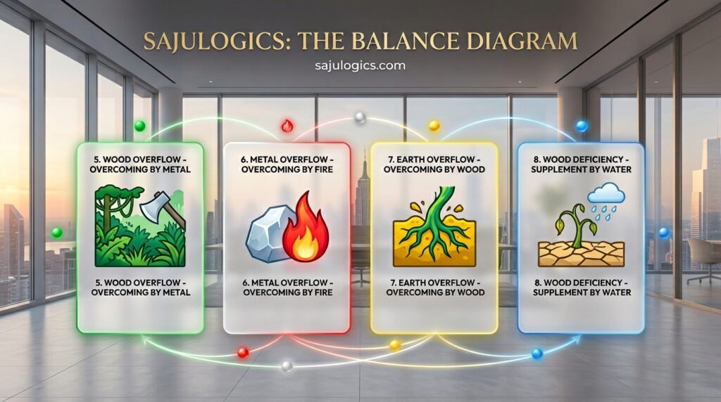 Infographic cards 5-8 for sajulogics.com showing Wood, Metal, and Earth balancing logic.