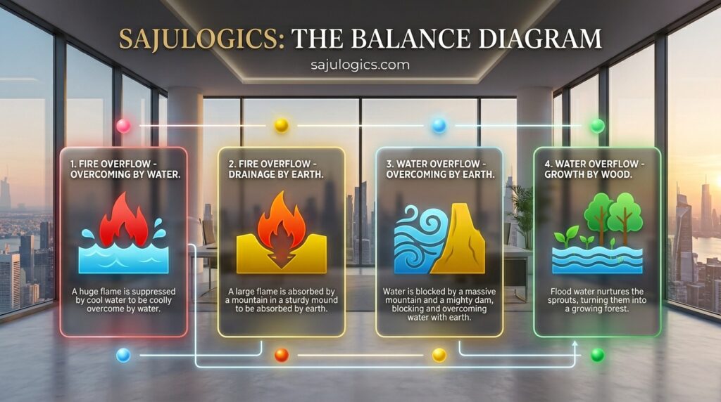 Infographic cards 1-4 for sajulogics.com showing Fire and Water balancing logic.